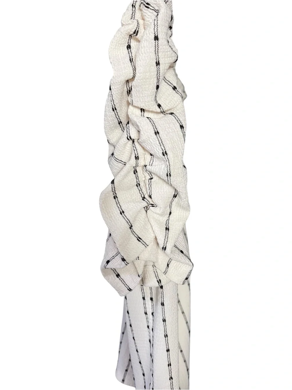 LOFT Ivory Knit Top with Black Pinstripes and Ruffled Sleeves